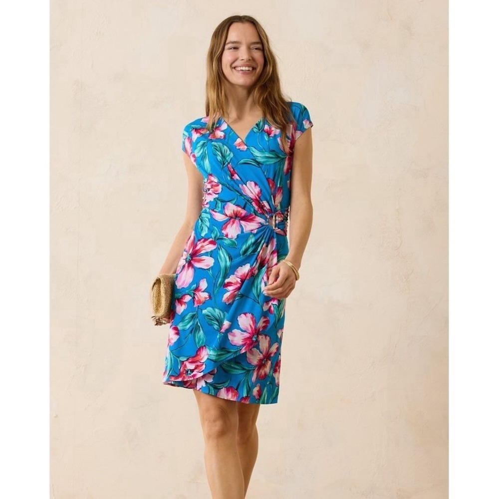 NWOT Tommy Bahama Clara Breezy Bouquet Faux-Wrap Dress XL Resort‎ Coastal Blue